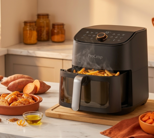 ProCrisp Digital Air Fryer cooking a tray of golden food