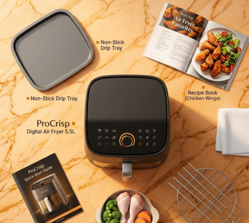 ProCrisp Digital Air Fryer with included drip tray, recipe book and skewers